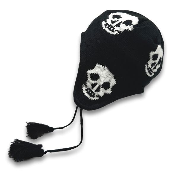 Black Peruvian Style Beanie Skull Face Trooper Trapper Winter Snowboard Ski Hat - Picture 3 of 5